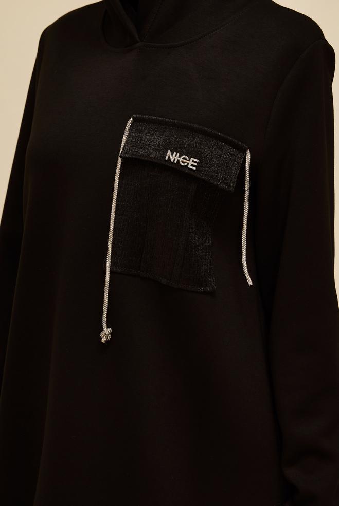 Vêtements hijab NOIR TUNIQUE DE SURVÊTEMENT À CAPUCHE 45920 - ALVİNA