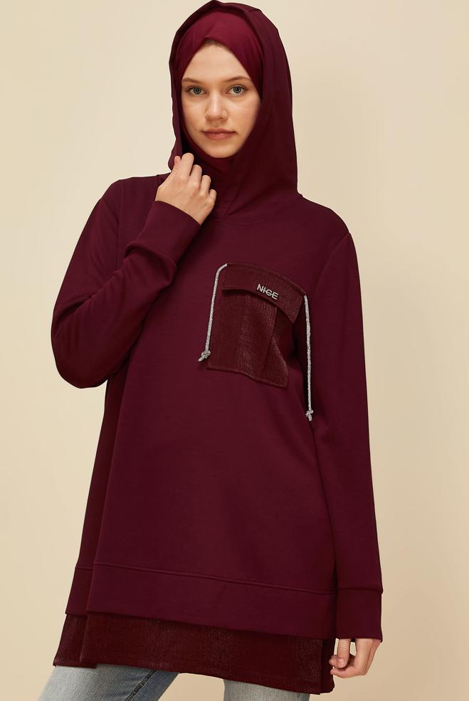Vêtements hijab ROUGE BORDEAUX TUNIQUE DE SURVÊTEMENT À CAPUCHE 45920 - ALVİNA