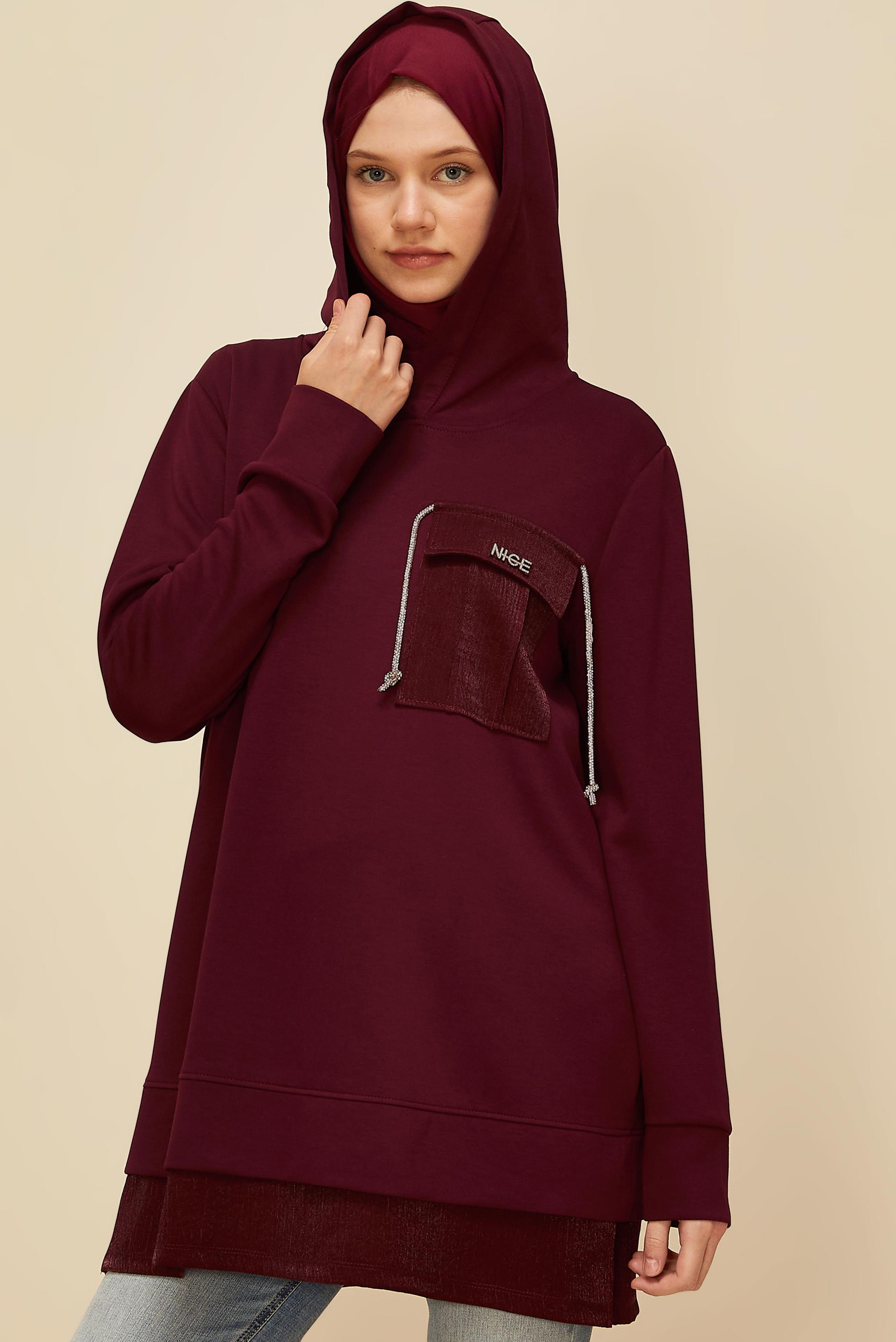 Vêtements hijab ROUGE BORDEAUX TUNIQUE DE SURVÊTEMENT À CAPUCHE 45920