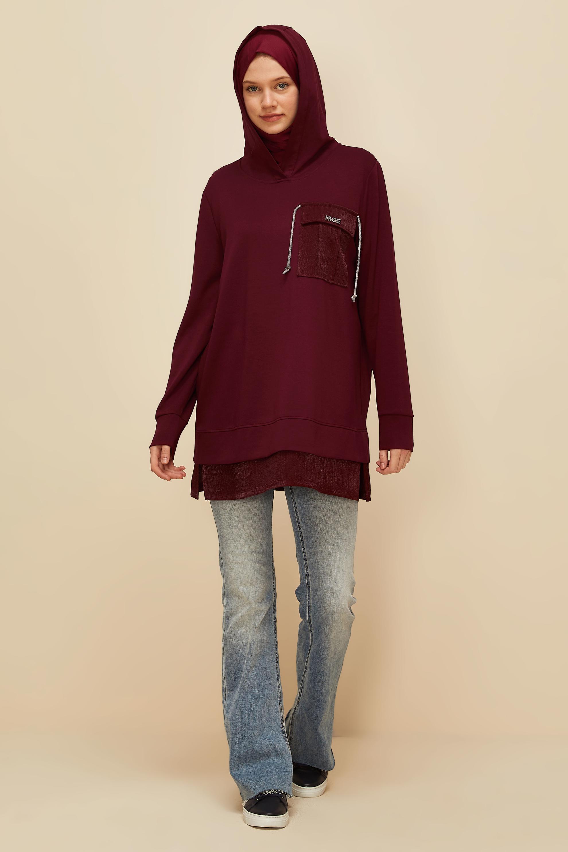 Vêtements hijab ROUGE BORDEAUX TUNIQUE DE SURVÊTEMENT À CAPUCHE 45920