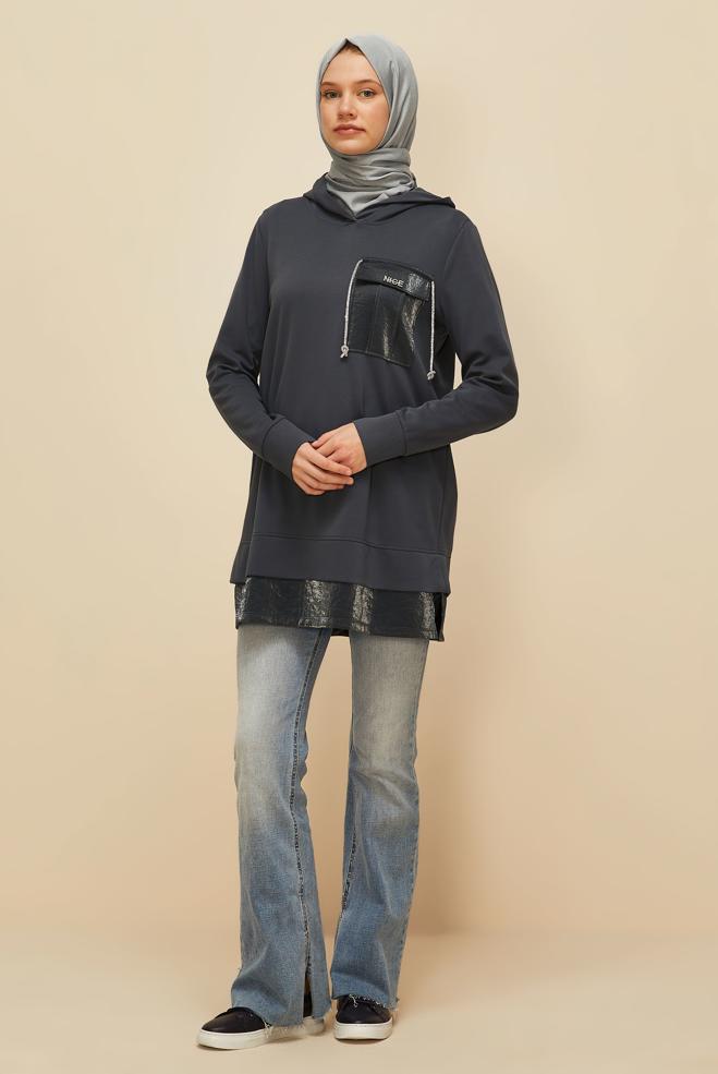 Vêtements hijab GRIS TUNIQUE DE SURVÊTEMENT À CAPUCHE 45920 - ALVİNA
