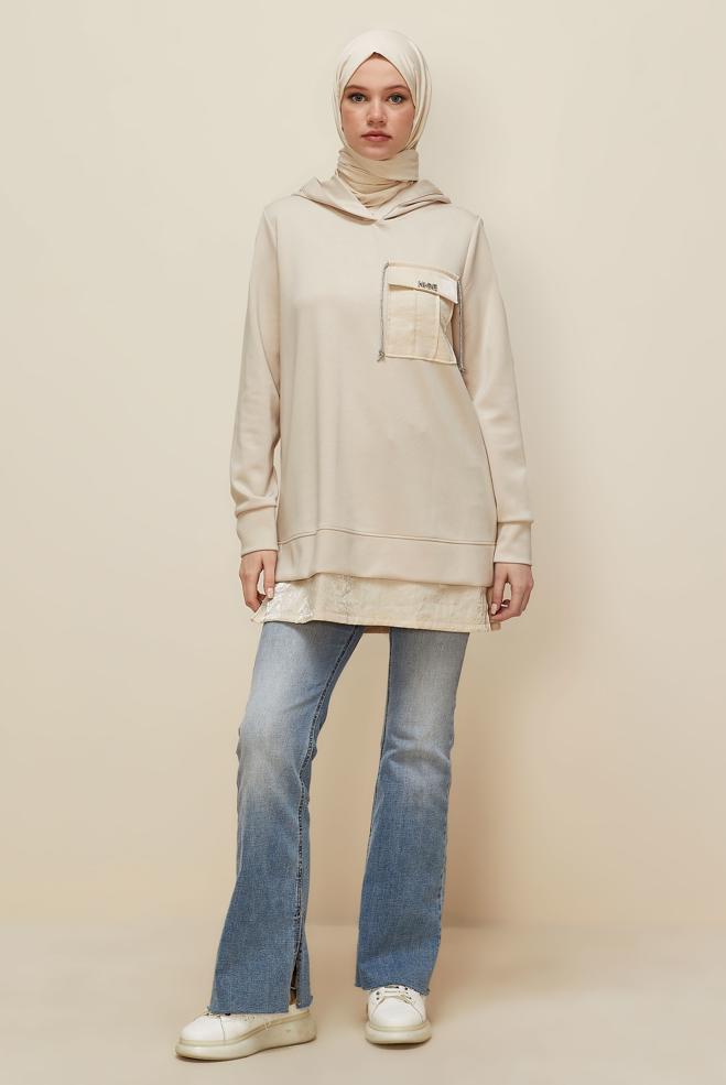 Tesettür giyim BEJ KAPÜŞONLU EŞOFMAN TUNİK 45920 - ALVİNA