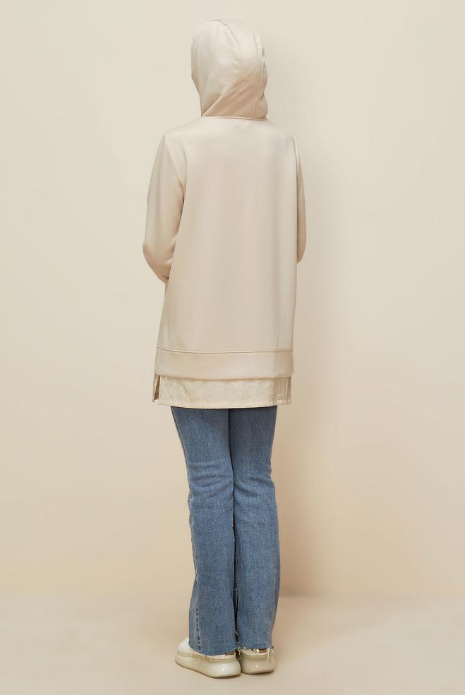 Tesettür giyim BEJ KAPÜŞONLU EŞOFMAN TUNİK 45920 - ALVİNA