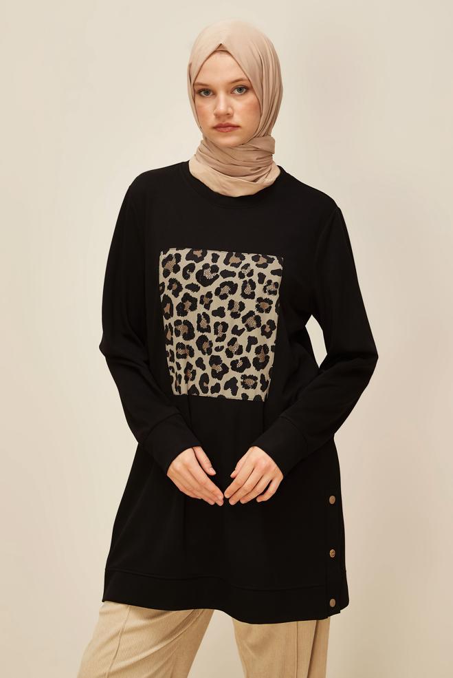 Vêtements hijab NOIR TUNIQUE DE SURVÊTEMENT IMPRIMÉE LÉOPARD 45921 - ALVİNA