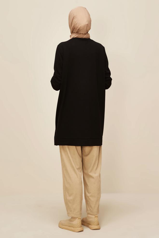 Vêtements hijab NOIR TUNIQUE DE SURVÊTEMENT IMPRIMÉE LÉOPARD 45921 - ALVİNA