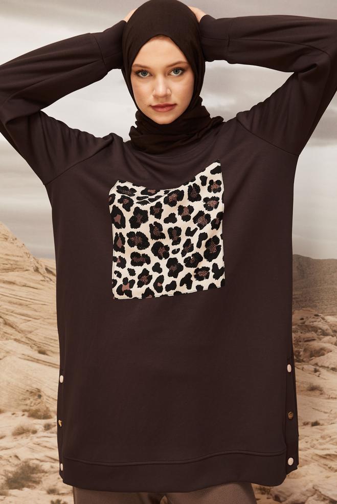Vêtements hijab BRUN TUNIQUE DE SURVÊTEMENT IMPRIMÉE LÉOPARD 45921 - ALVİNA