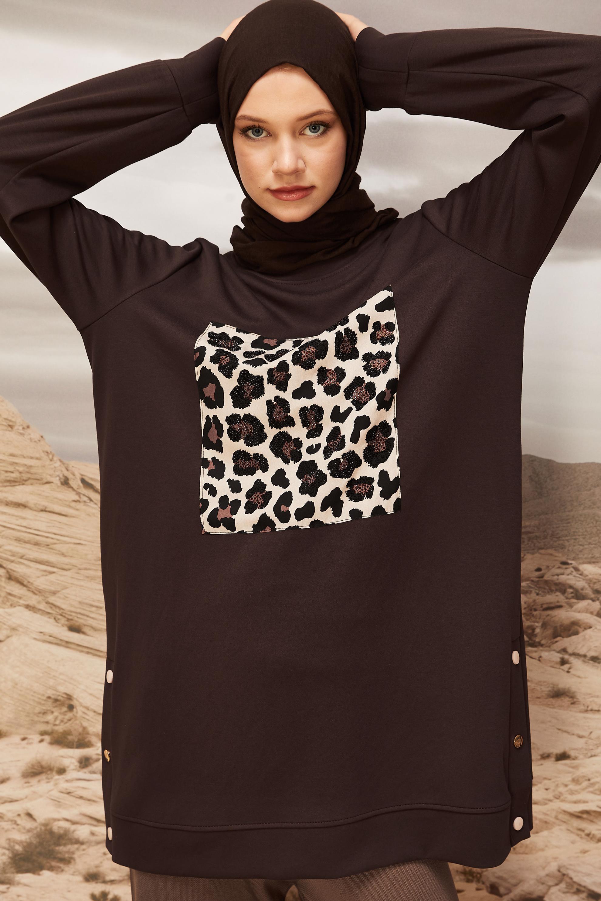 Vêtements hijab BRUN TUNIQUE DE SURVÊTEMENT IMPRIMÉE LÉOPARD 45921