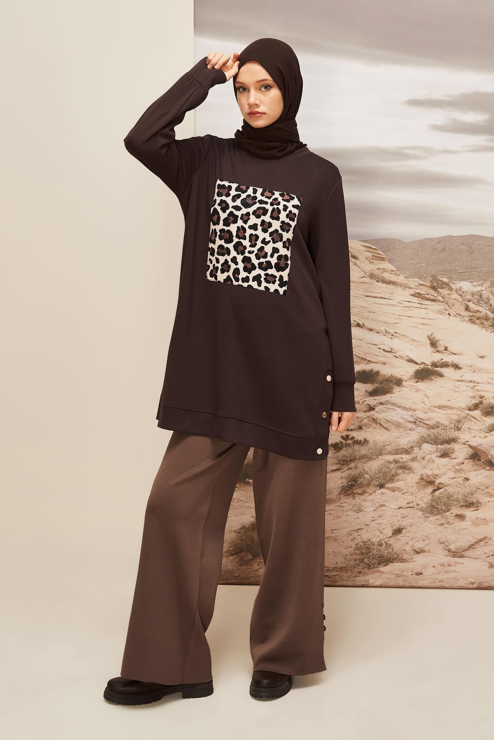 Vêtements hijab BRUN TUNIQUE DE SURVÊTEMENT IMPRIMÉE LÉOPARD 45921