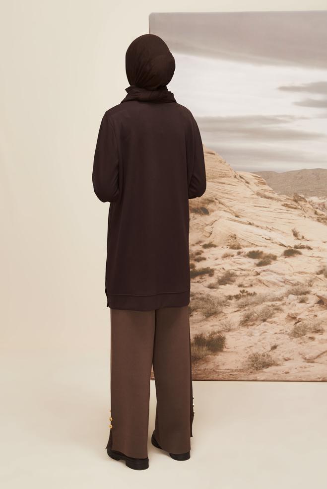 Vêtements hijab BRUN TUNIQUE DE SURVÊTEMENT IMPRIMÉE LÉOPARD 45921 - ALVİNA