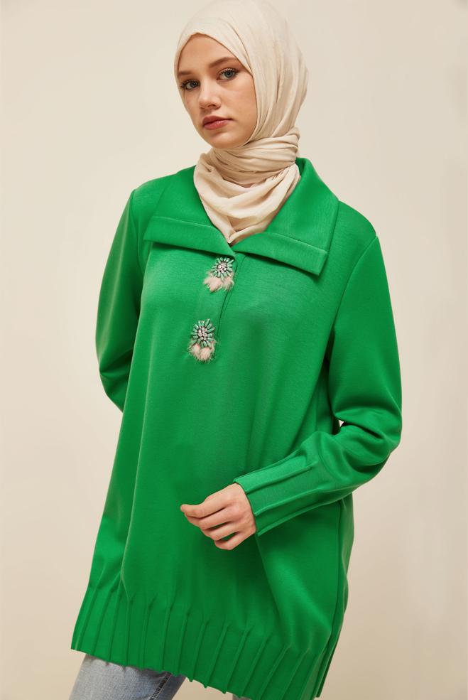 Vêtements hijab VERT TUNIQUE DE SURVÊTEMENT BRODÉE DE GEMMES 45957 - ALVİNA