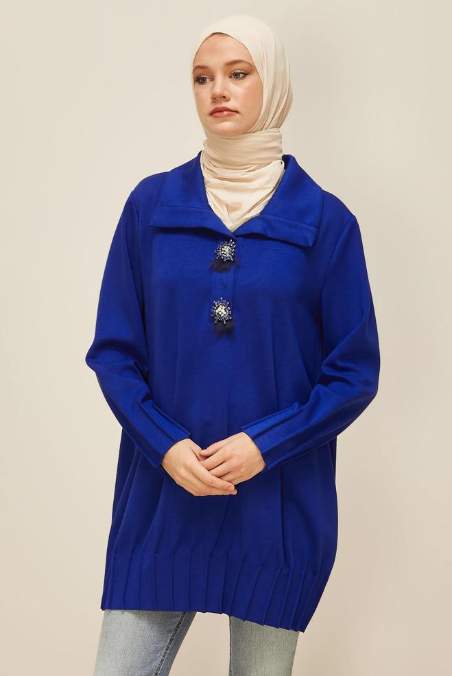 Vêtements hijab BLEU MARINE TUNIQUE DE SURVÊTEMENT BRODÉE DE GEMMES 45957 - ALVİNA