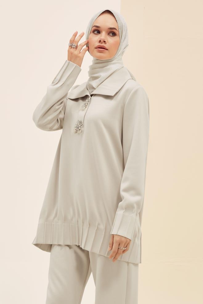 Vêtements hijab ÉCRUE TUNIQUE DE SURVÊTEMENT BRODÉE DE GEMMES 45957 - ALVİNA