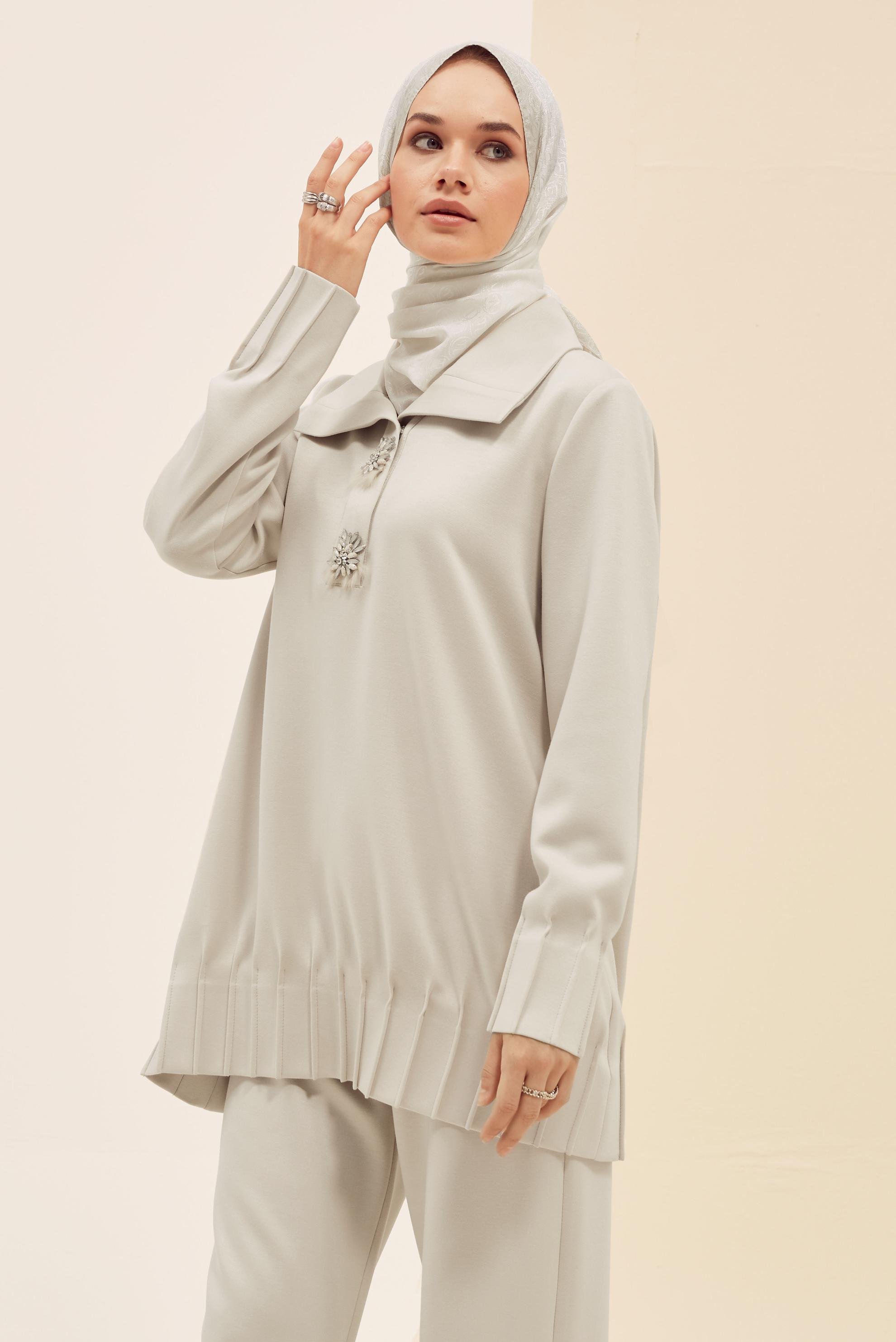 Vêtements hijab ÉCRUE TUNIQUE DE SURVÊTEMENT BRODÉE DE GEMMES 45957