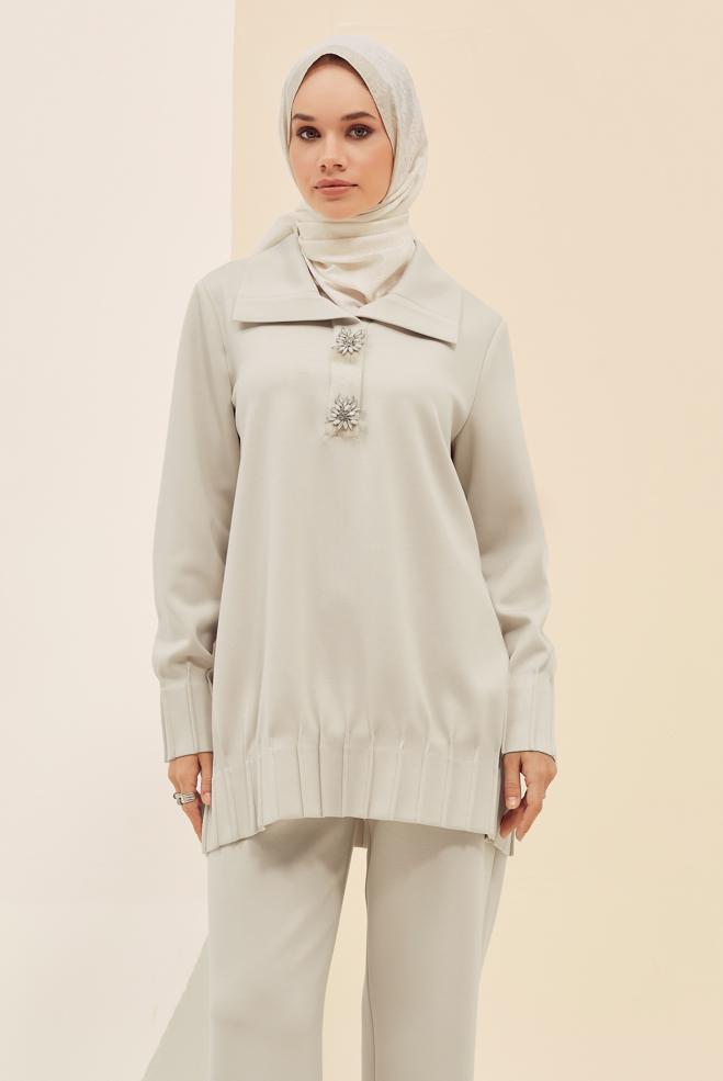 Vêtements hijab ÉCRUE TUNIQUE DE SURVÊTEMENT BRODÉE DE GEMMES 45957 - ALVİNA