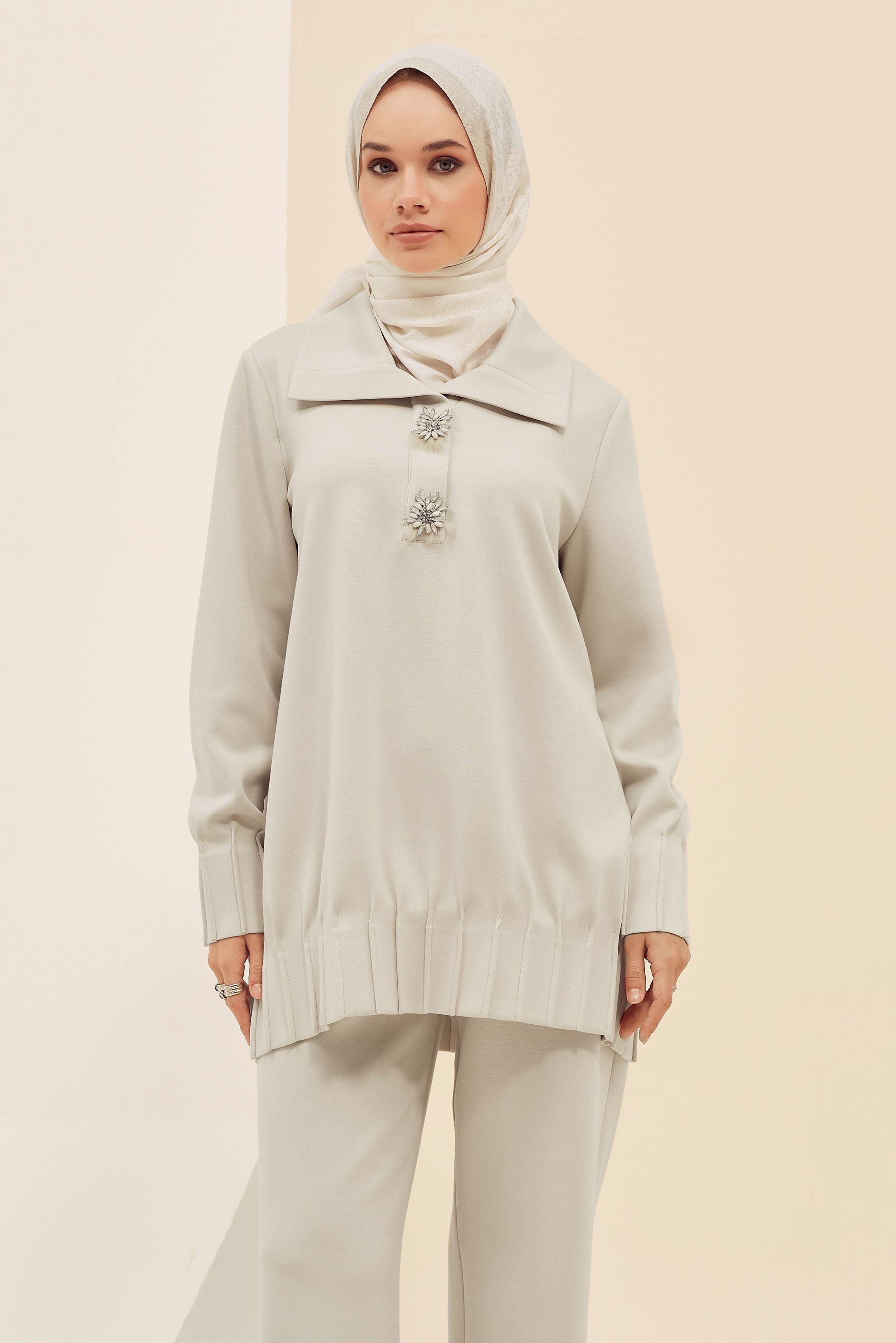 Vêtements hijab ÉCRUE TUNIQUE DE SURVÊTEMENT BRODÉE DE GEMMES 45957