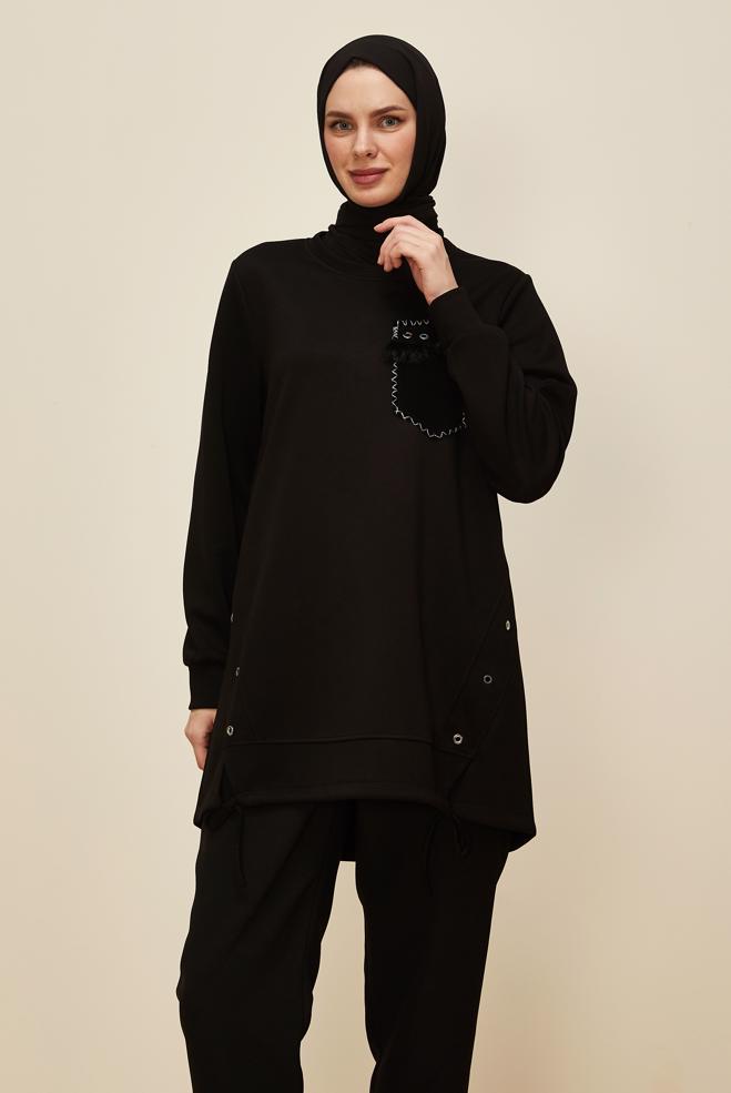 Tesettür giyim SİYAH CEP DETAYLI EŞOFMAN TUNİK 45958 - ALVİNA