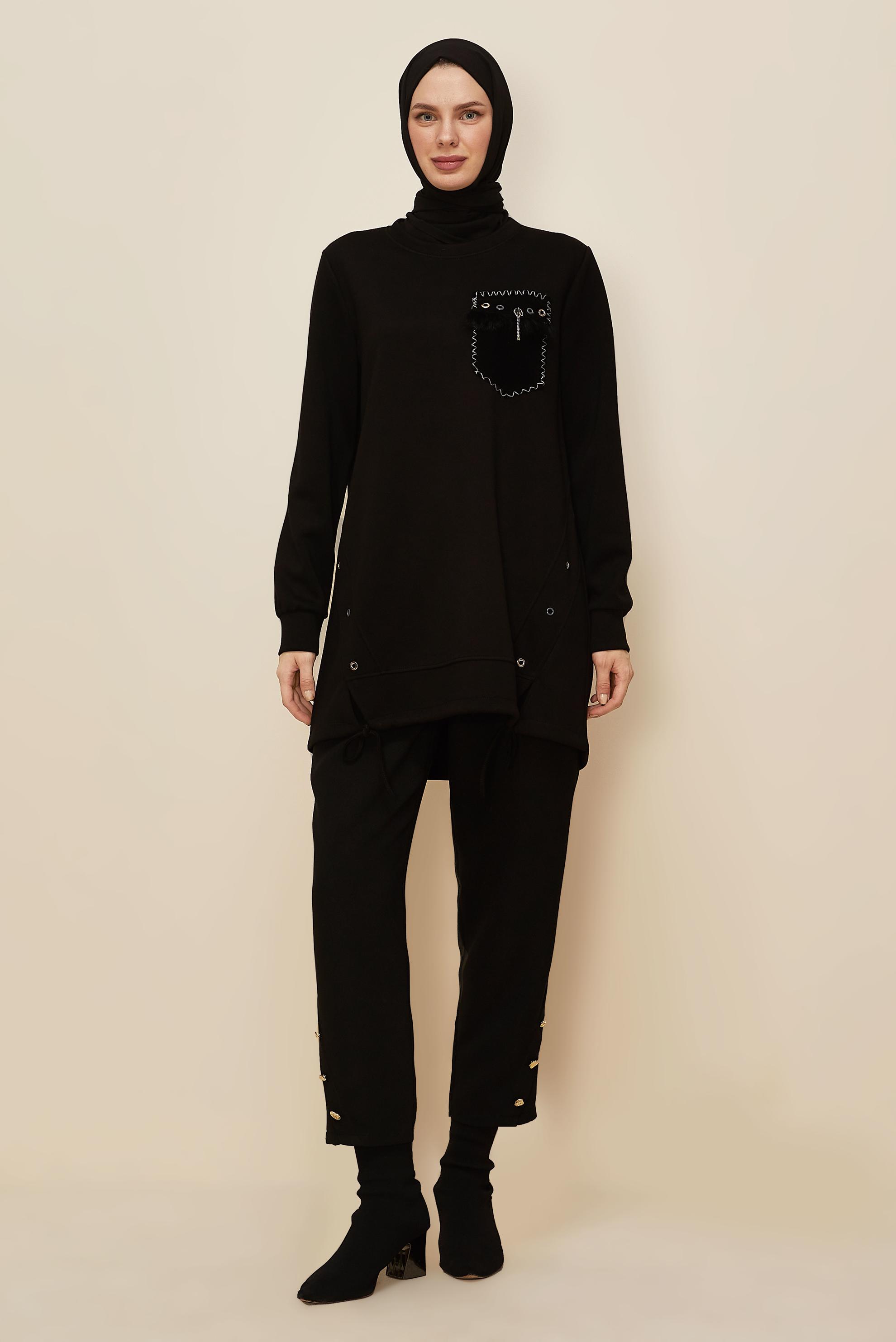 Tesettür giyim SİYAH CEP DETAYLI EŞOFMAN TUNİK 45958