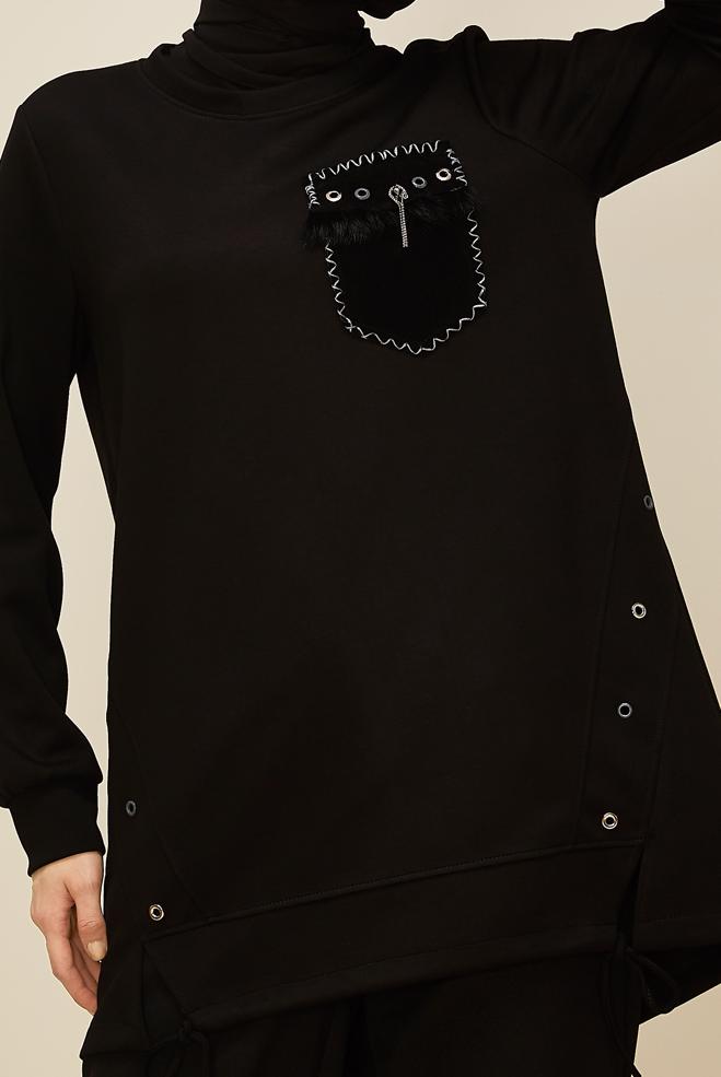 Tesettür giyim SİYAH CEP DETAYLI EŞOFMAN TUNİK 45958 - ALVİNA