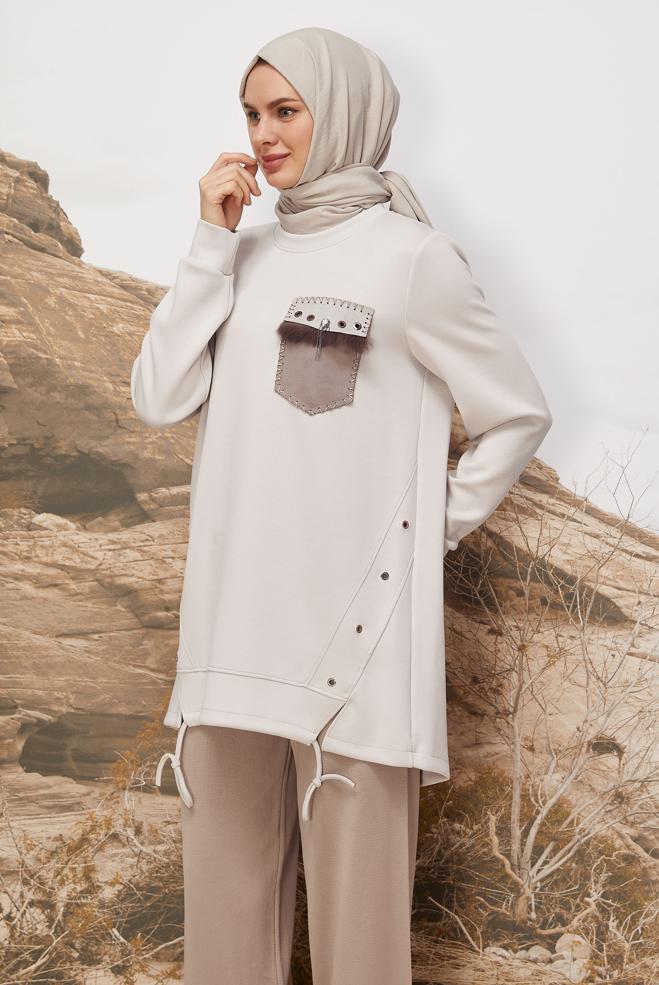 Tesettür giyim BEJ CEP DETAYLI EŞOFMAN TUNİK 45958 - ALVİNA