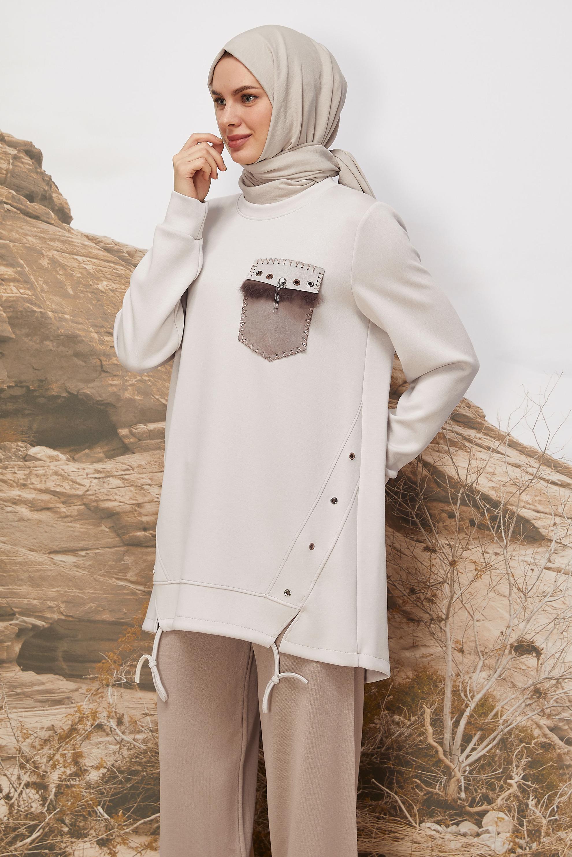 Tesettür giyim BEJ CEP DETAYLI EŞOFMAN TUNİK 45958
