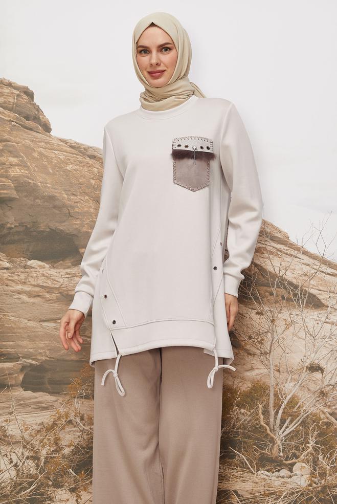 Tesettür giyim BEJ CEP DETAYLI EŞOFMAN TUNİK 45958 - ALVİNA