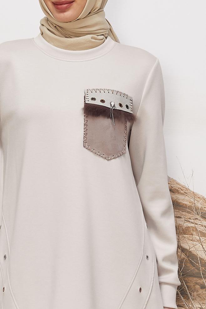Tesettür giyim BEJ CEP DETAYLI EŞOFMAN TUNİK 45958 - ALVİNA