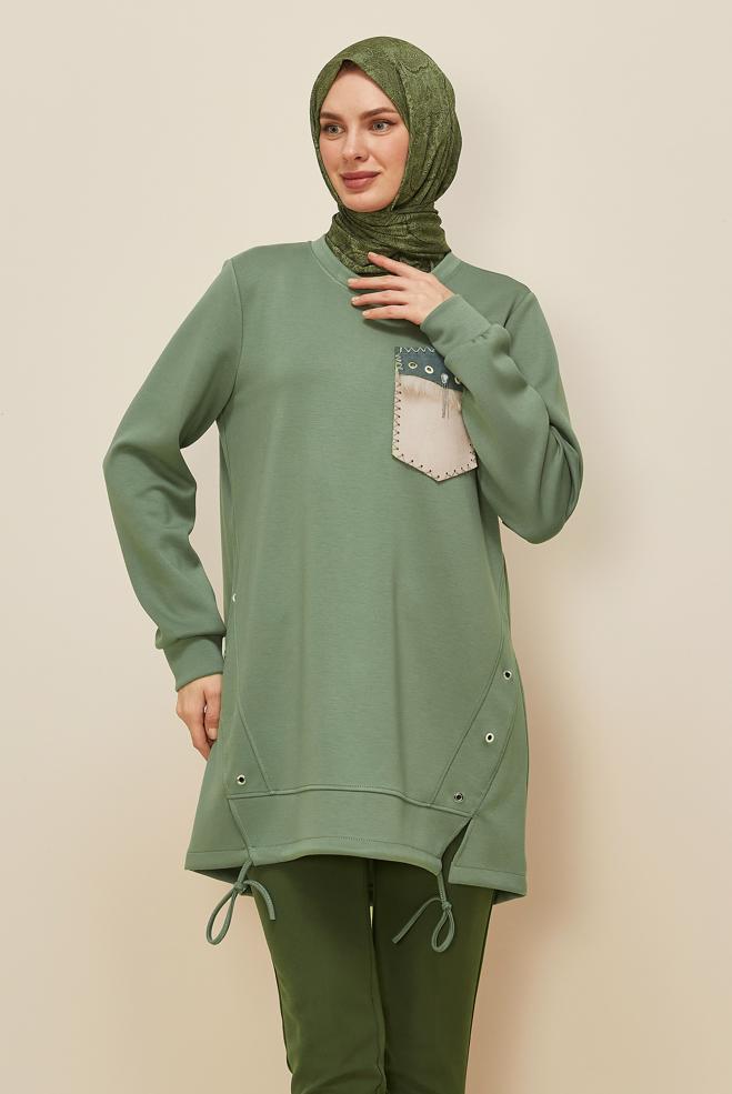 Tesettür giyim YEŞİL CEP DETAYLI EŞOFMAN TUNİK 45958 - ALVİNA