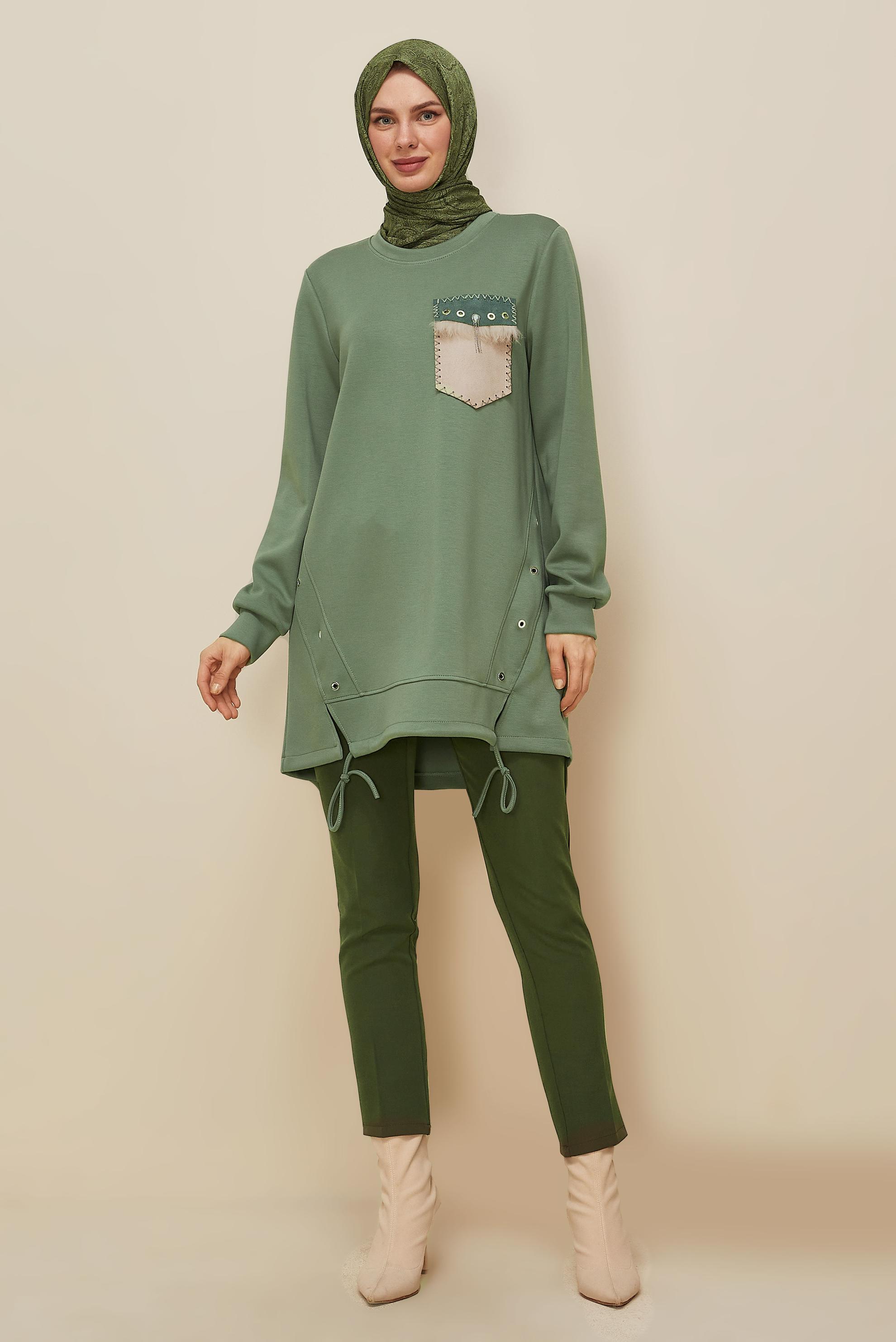 Tesettür giyim YEŞİL CEP DETAYLI EŞOFMAN TUNİK 45958