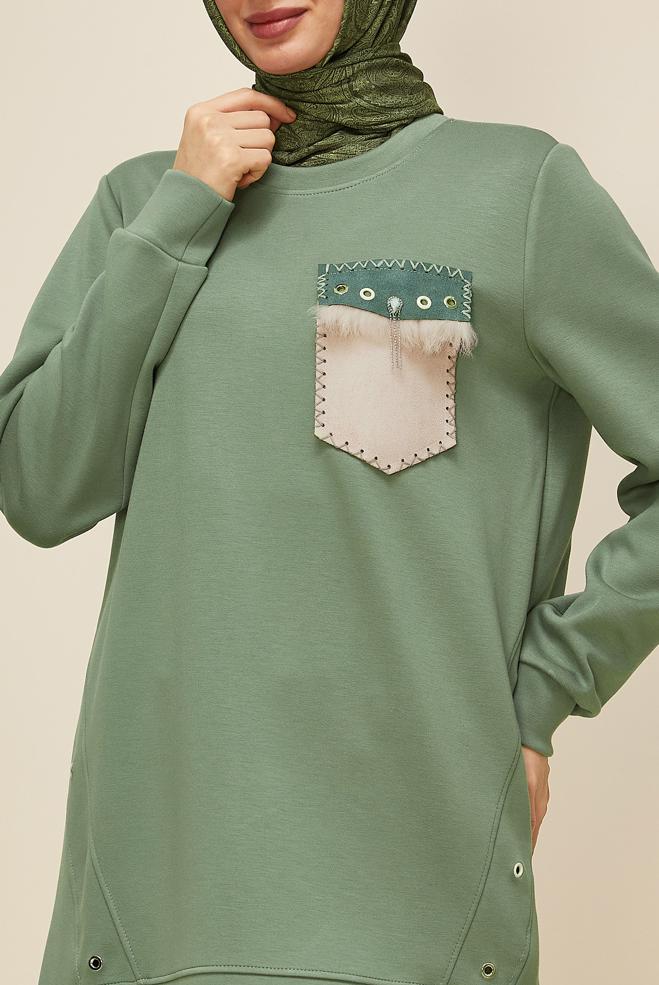 Tesettür giyim YEŞİL CEP DETAYLI EŞOFMAN TUNİK 45958 - ALVİNA