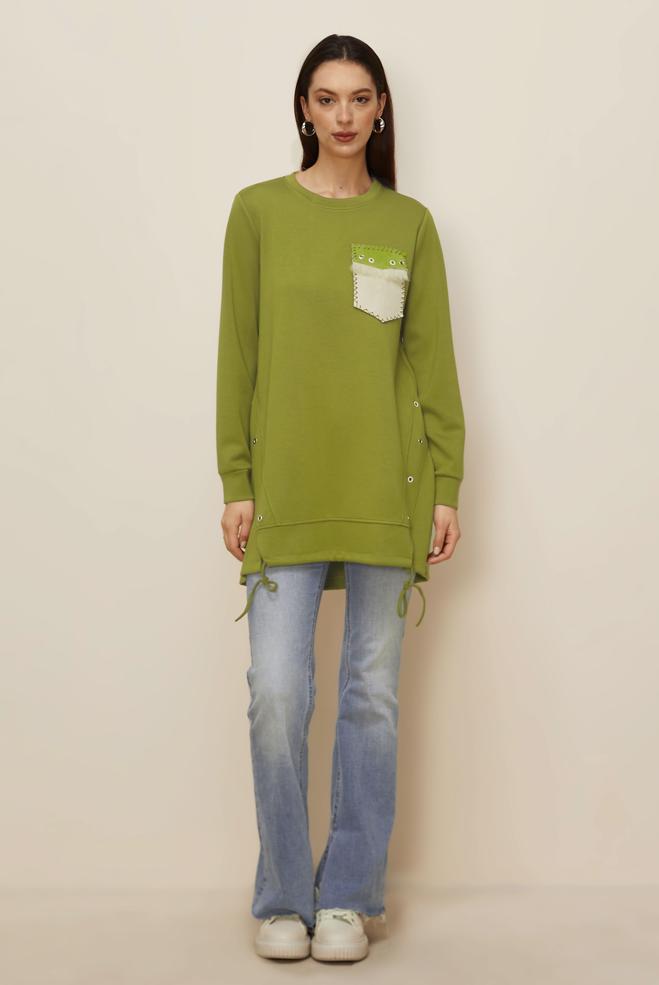 Tesettür giyim YEŞİL CEP DETAYLI EŞOFMAN TUNİK 45958 - ALVİNA