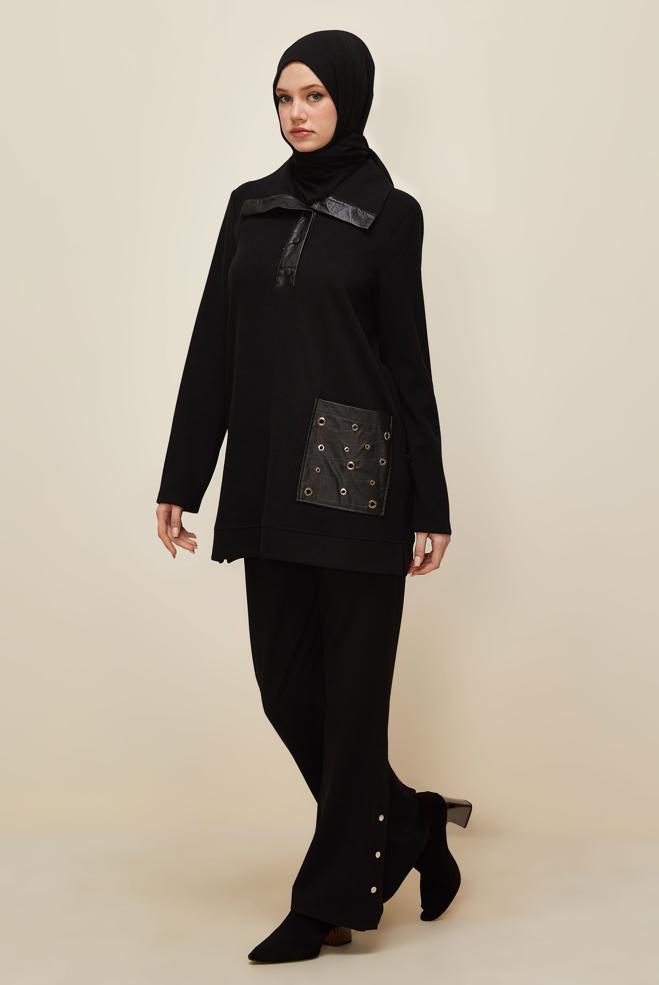 Hijab clothing BLACK POCKETED TRACKSUIT TUNIC 45959 - ALVİNA