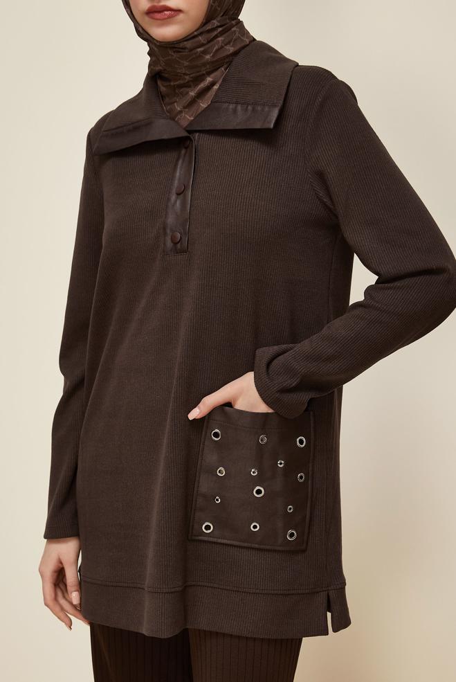 Vêtements hijab BRUN TUNIQUE DE SURVÊTEMENT À POCHES 45959 - ALVİNA