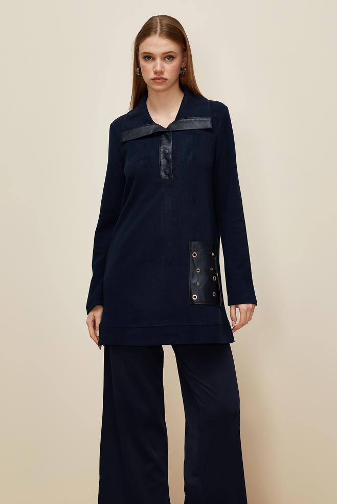 Vêtements hijab BLEU MARINE TUNIQUE DE SURVÊTEMENT À POCHES 45959 - ALVİNA