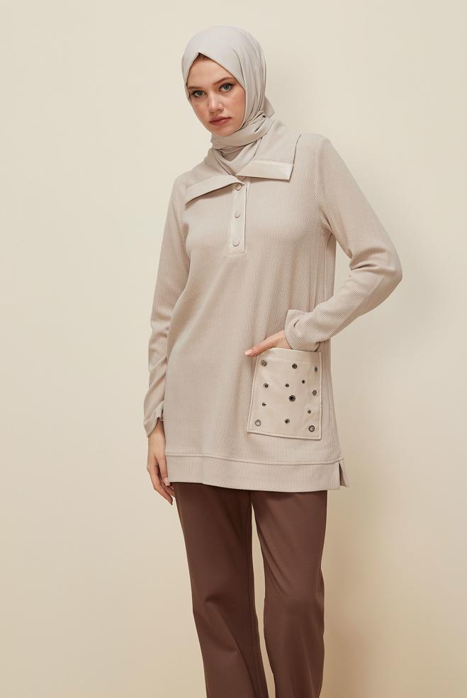 Vêtements hijab BEIGE TUNIQUE DE SURVÊTEMENT À POCHES 45959 - ALVİNA