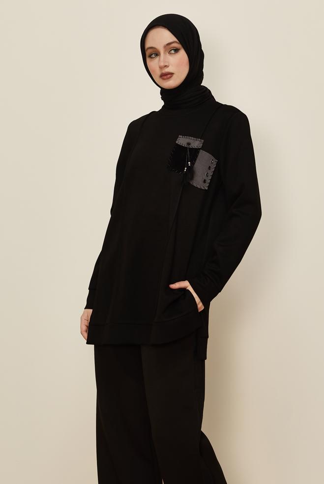 Tesettür giyim SİYAH CEP DETAYLI EŞOFMAN TUNİK 45960 - ALVİNA
