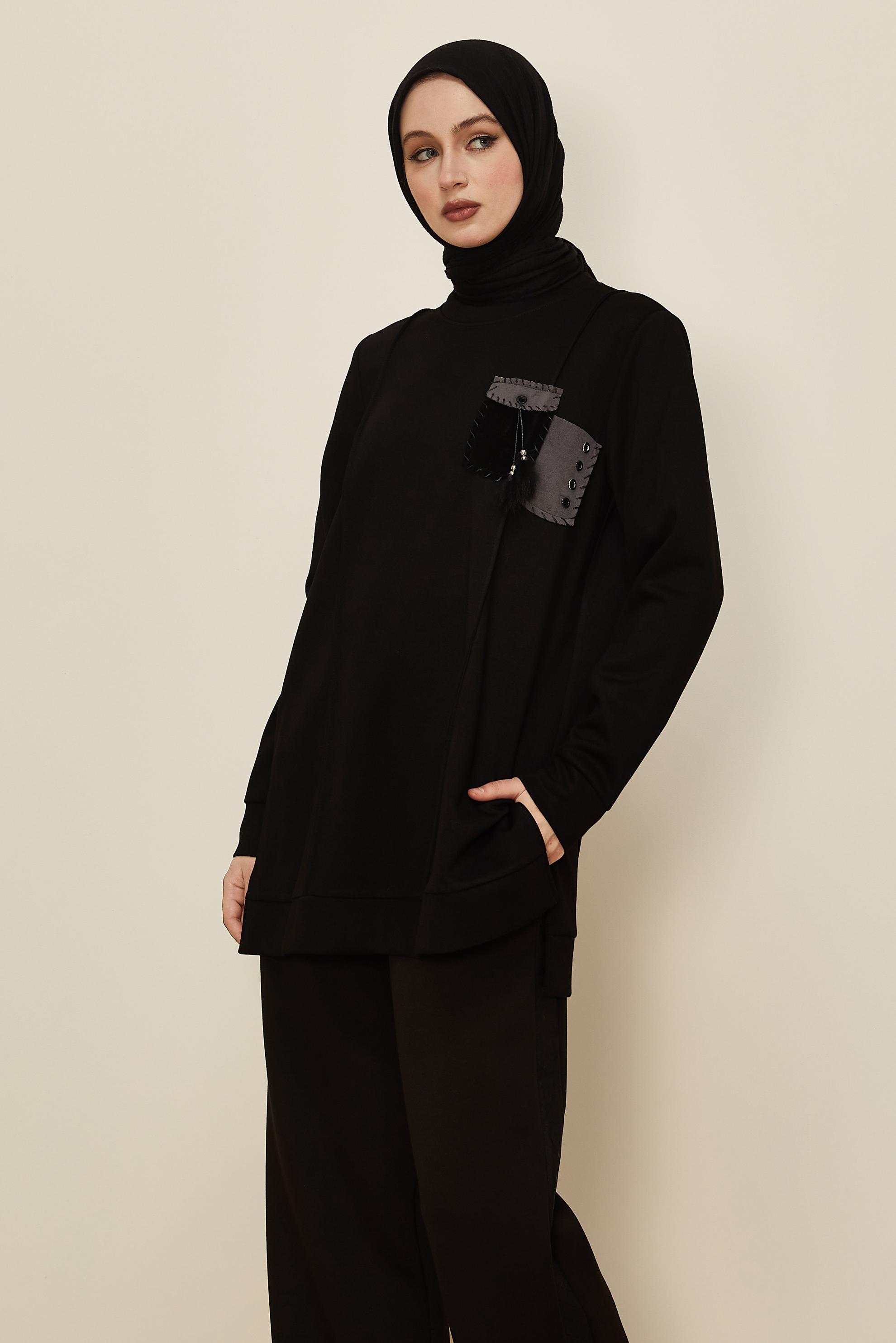 Tesettür giyim SİYAH CEP DETAYLI EŞOFMAN TUNİK 45960