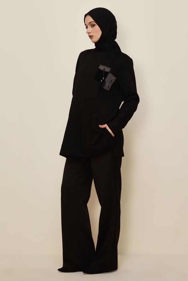 Tesettür giyim SİYAH CEP DETAYLI EŞOFMAN TUNİK 45960 - ALVİNA