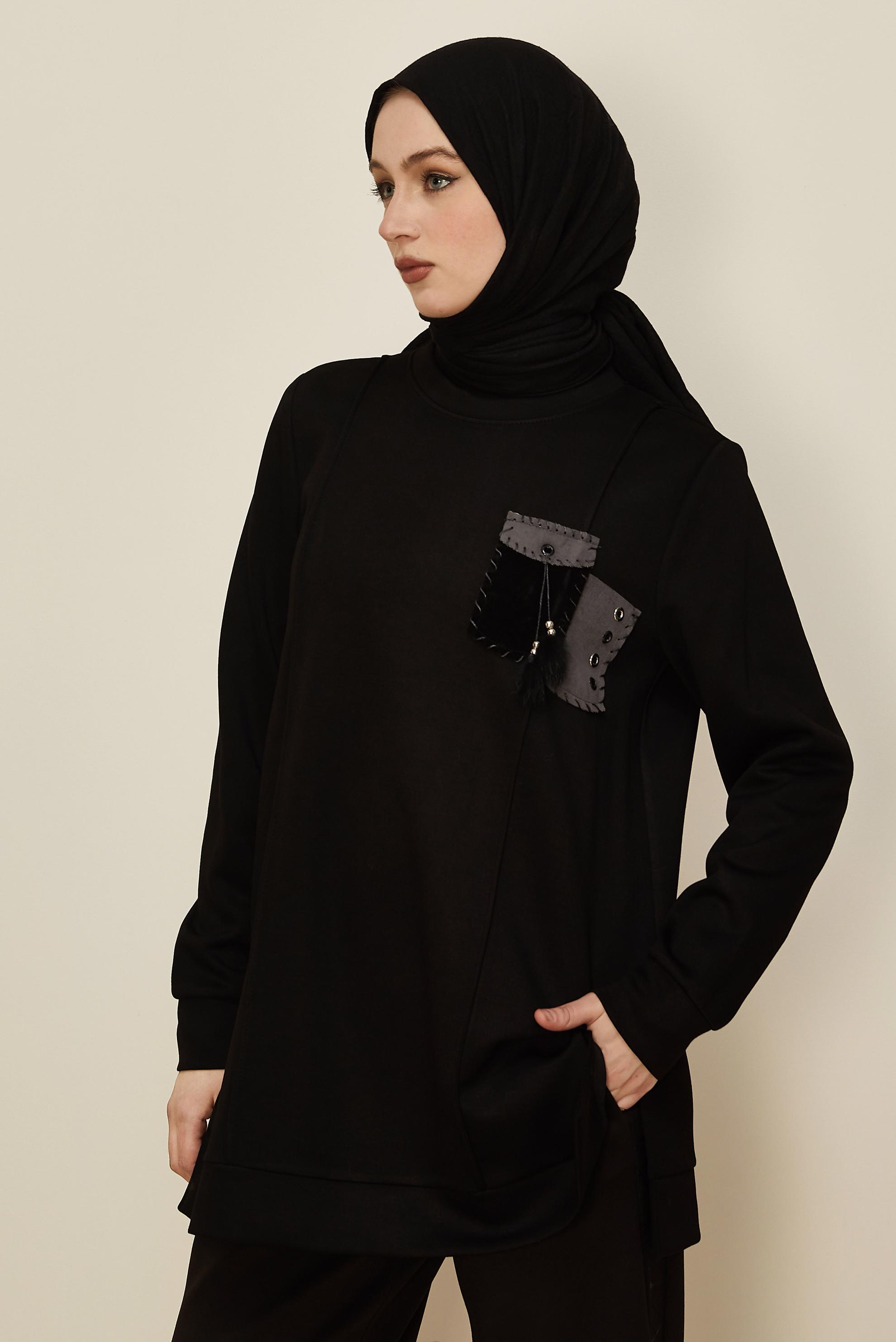Tesettür giyim SİYAH CEP DETAYLI EŞOFMAN TUNİK 45960