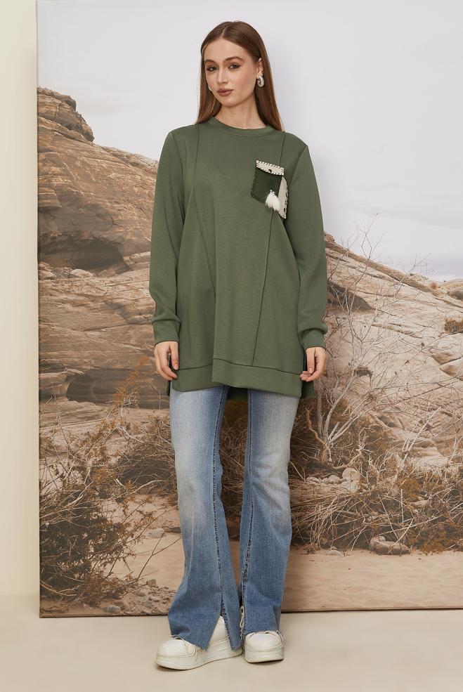 Tesettür giyim HAKİ CEP DETAYLI EŞOFMAN TUNİK 45960 - ALVİNA