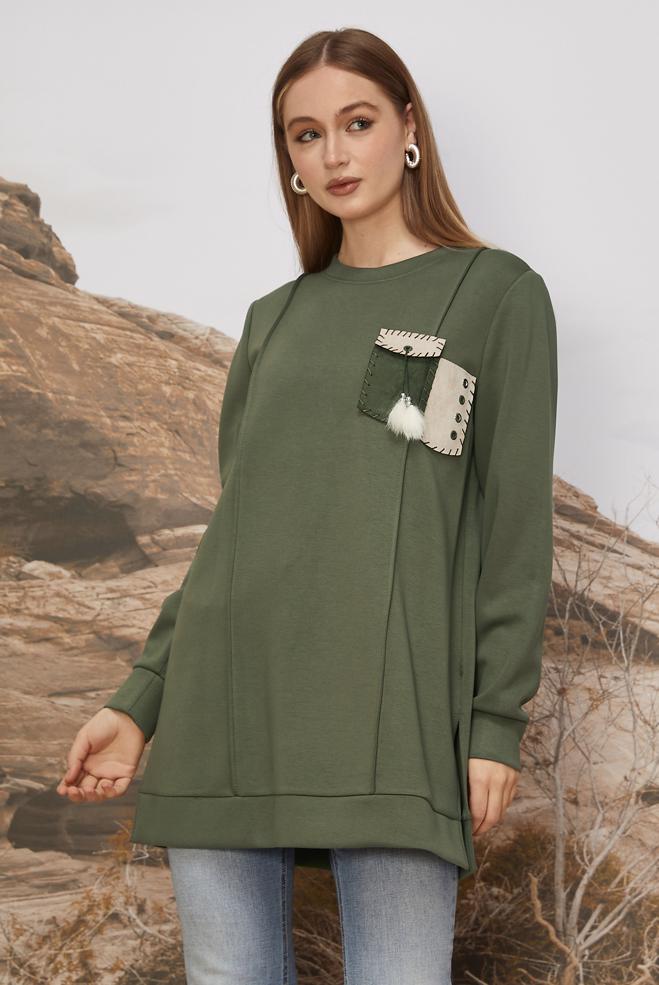 Tesettür giyim HAKİ CEP DETAYLI EŞOFMAN TUNİK 45960 - ALVİNA