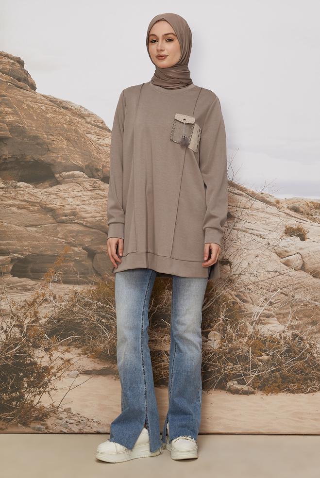 Tesettür giyim VİZON CEP DETAYLI EŞOFMAN TUNİK 45960 - ALVİNA
