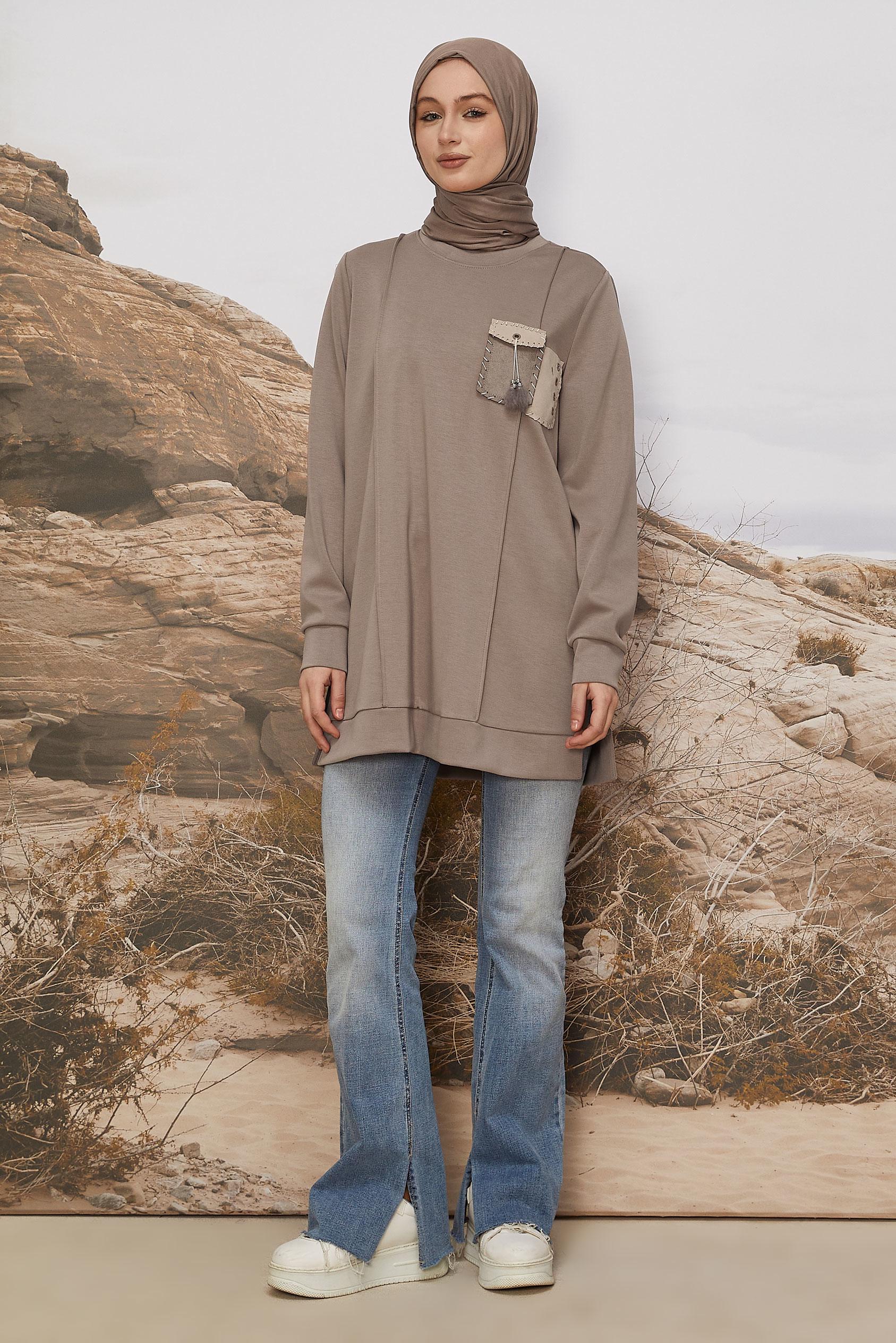 Tesettür giyim VİZON CEP DETAYLI EŞOFMAN TUNİK 45960
