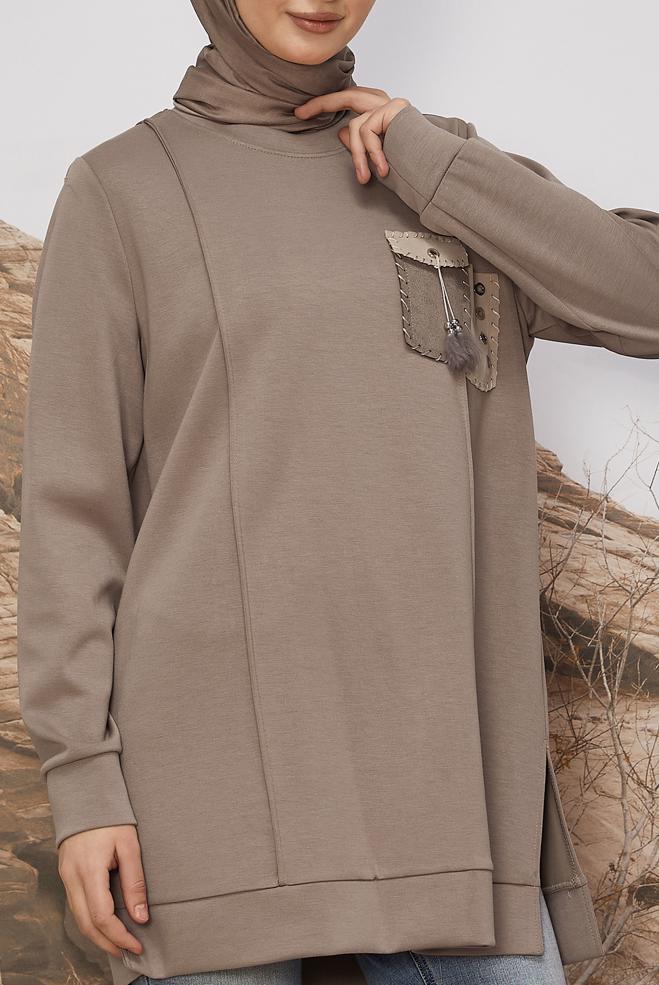 Tesettür giyim VİZON CEP DETAYLI EŞOFMAN TUNİK 45960 - ALVİNA