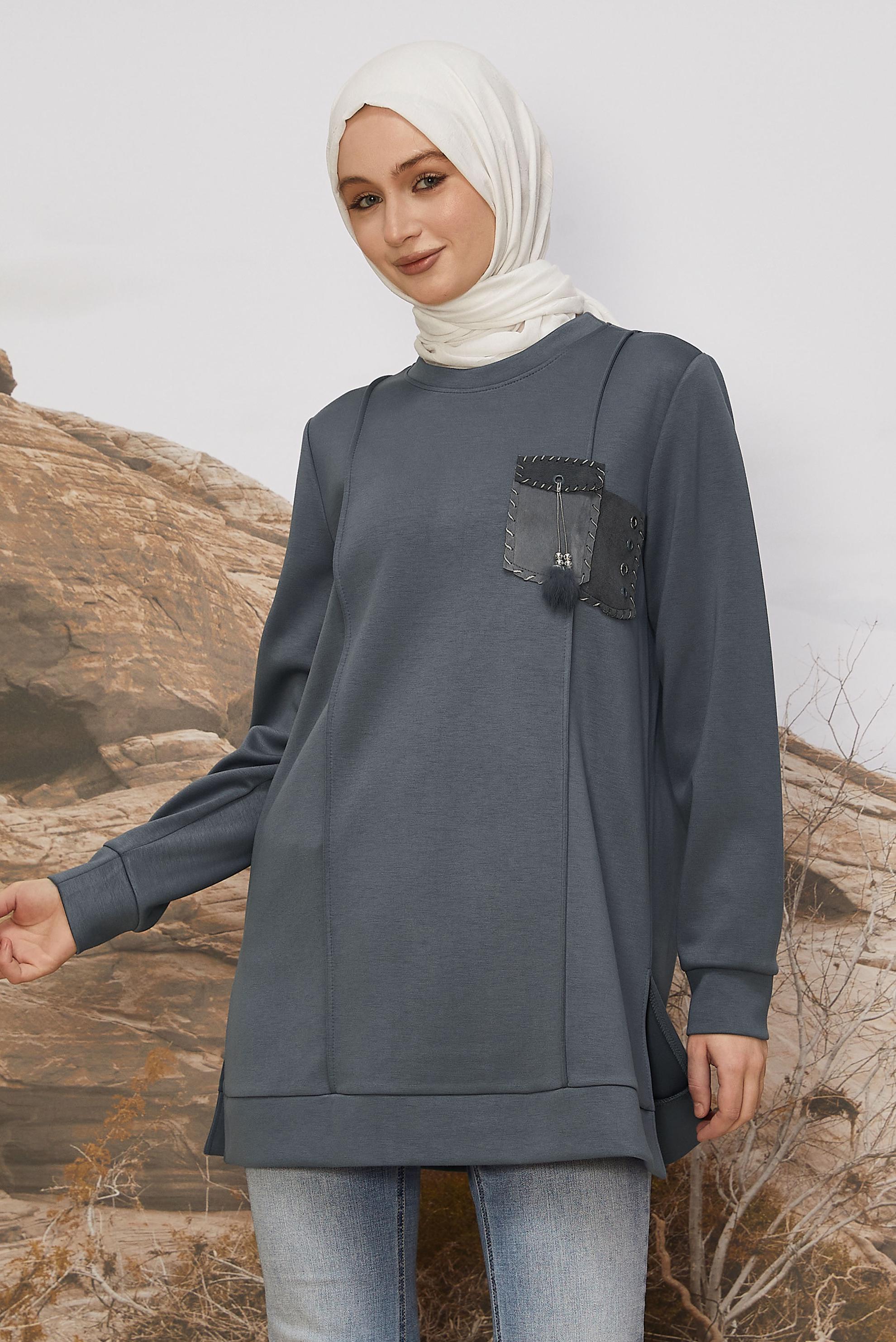 Tesettür giyim GRİ CEP DETAYLI EŞOFMAN TUNİK 45960