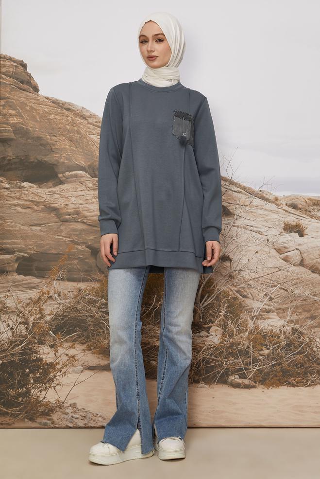 Tesettür giyim GRİ CEP DETAYLI EŞOFMAN TUNİK 45960 - ALVİNA