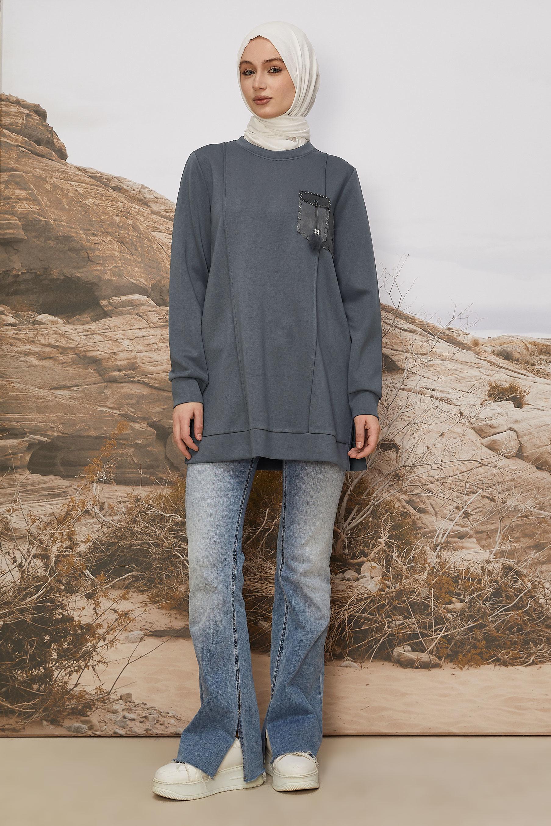 Tesettür giyim GRİ CEP DETAYLI EŞOFMAN TUNİK 45960