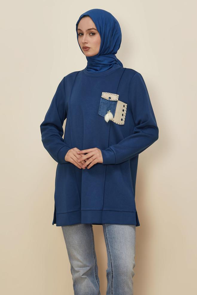 Tesettür giyim LACİVERT AKSESUAR DETAYLI EŞOFMAN TUNİK 45960 - ALVİNA