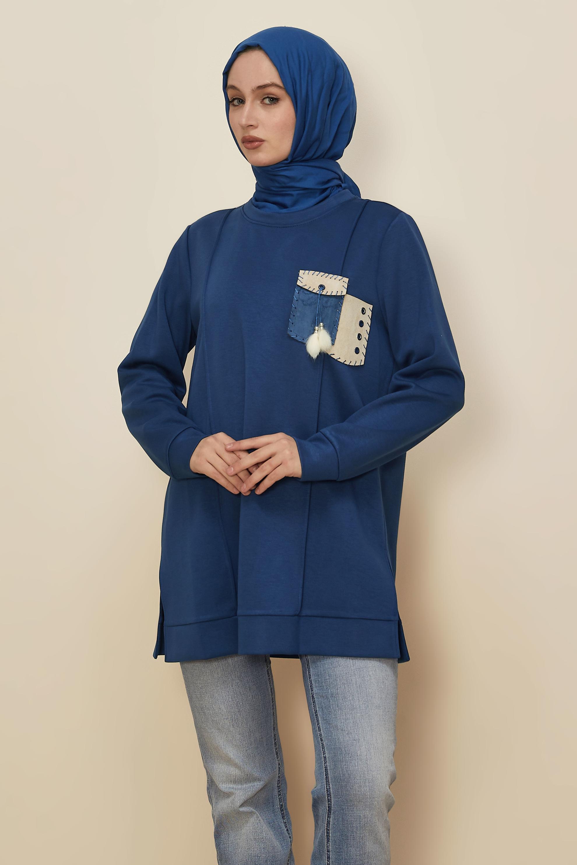 Tesettür giyim LACİVERT AKSESUAR DETAYLI EŞOFMAN TUNİK 45960