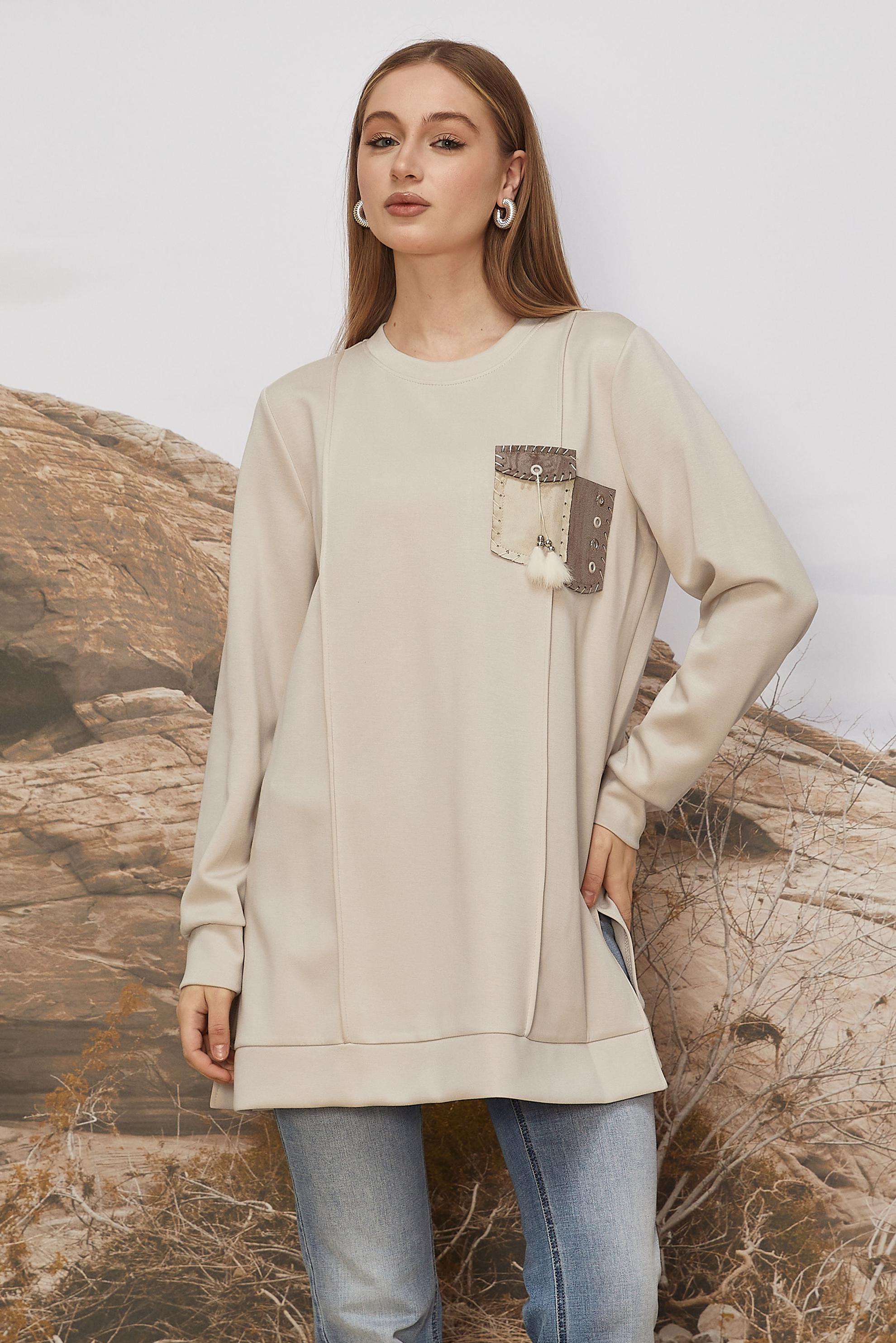 Tesettür giyim EKRU CEP DETAYLI EŞOFMAN TUNİK 45960