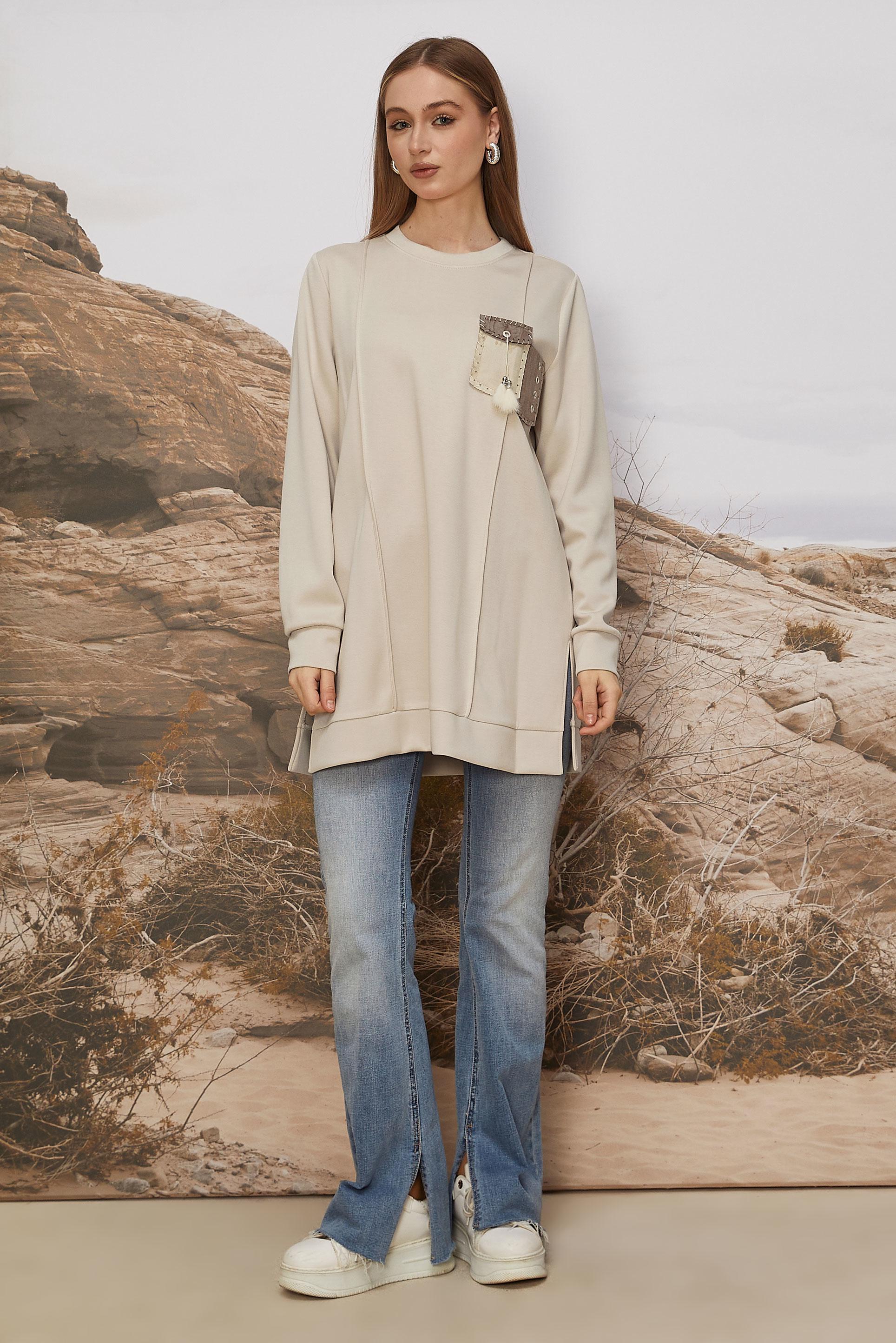 Tesettür giyim EKRU CEP DETAYLI EŞOFMAN TUNİK 45960